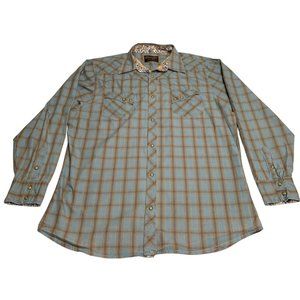 Wrangler Retro Blue Orange Plaid Button Down Pearl Snap XXL